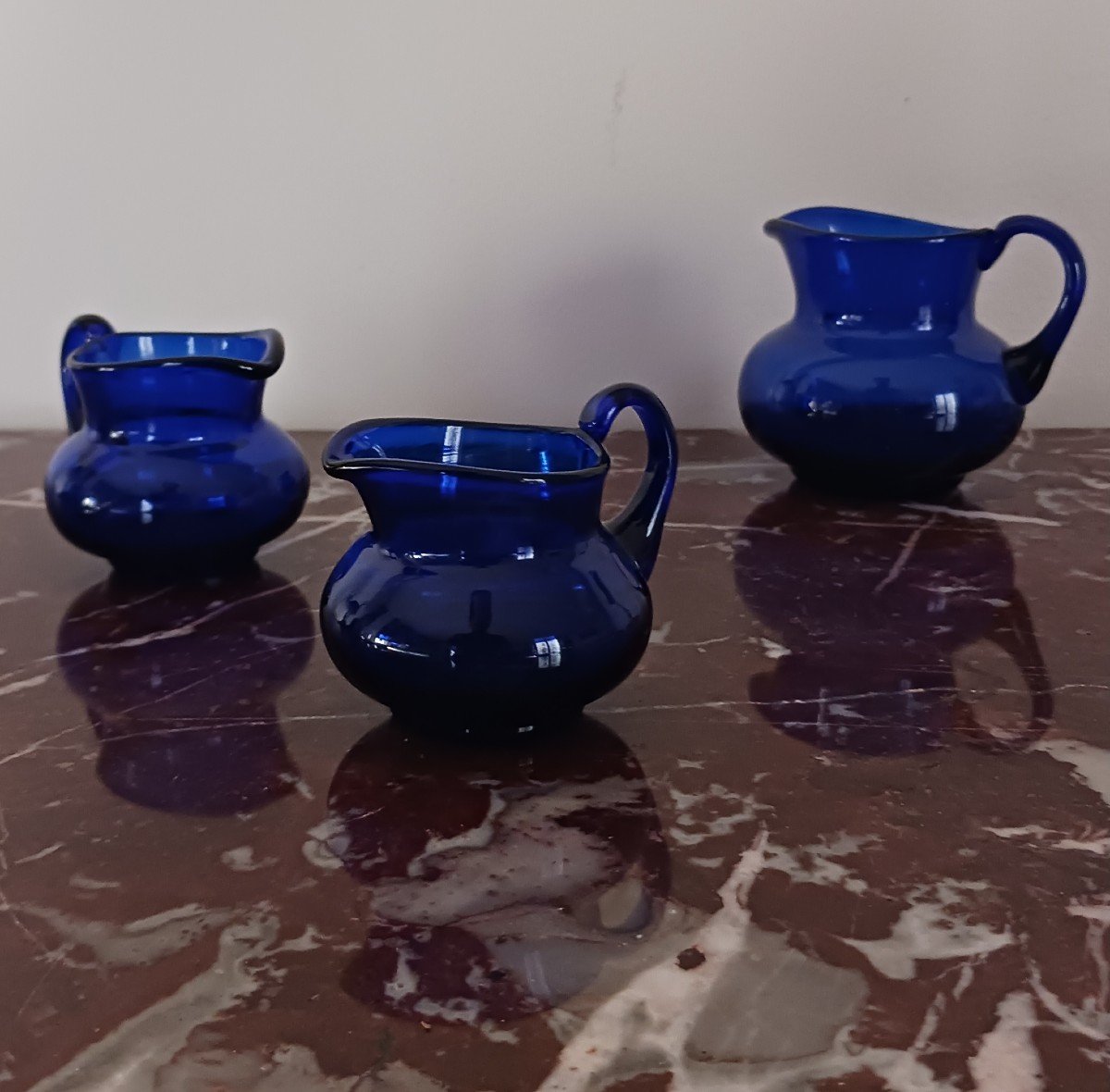 Three Blue Blown Glass Cream Jars - Early Work, 19th Century-photo-2