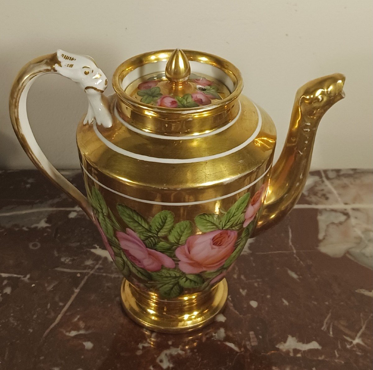 Manufacture De Locré - Pouyat Et Russinger - Pouring Teapot With Gold Base And Bouquet - Empire Period -photo-3