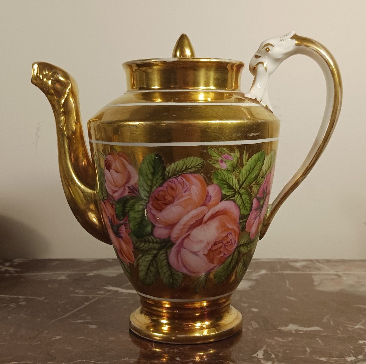 Manufacture De Locré - Pouyat Et Russinger - Pouring Teapot With Gold Base And Bouquet - Empire Period -photo-5