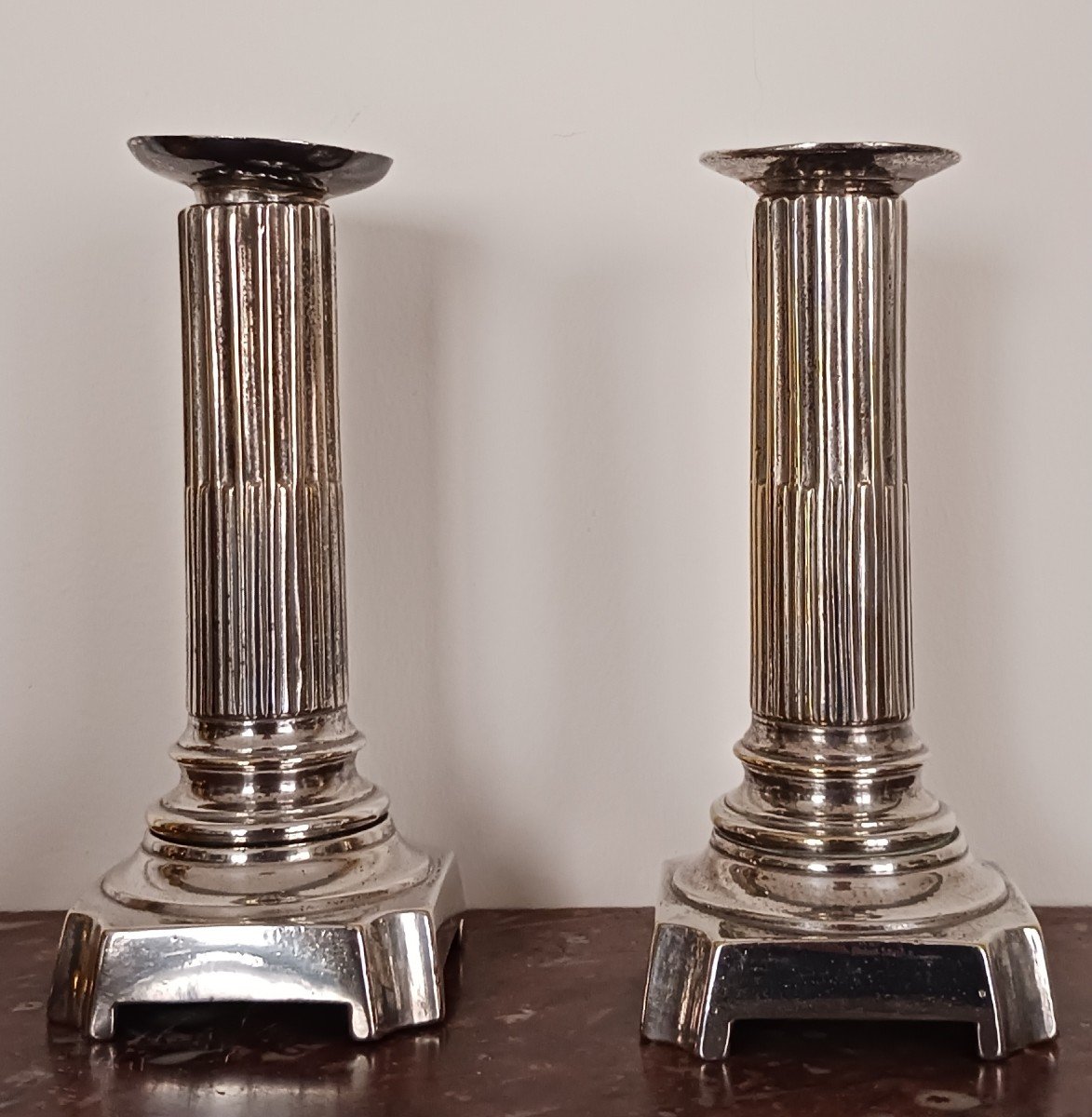 France, Last Third Of The 18th Century - Pair Of Silver-plated Bronze Candlesticks Or Torches - Louis XVI Period-photo-2