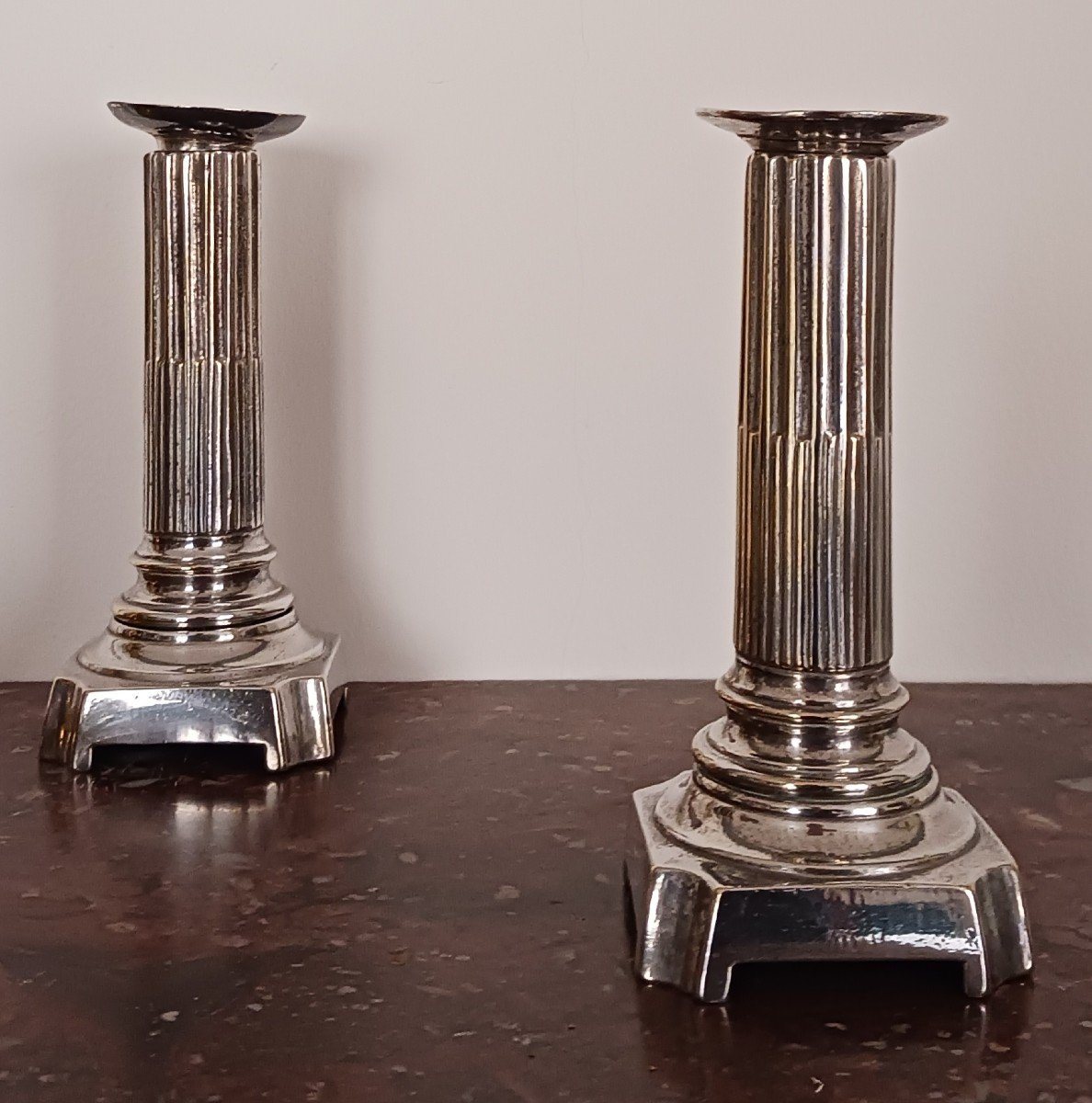 France, Last Third Of The 18th Century - Pair Of Silver-plated Bronze Candlesticks Or Torches - Louis XVI Period
