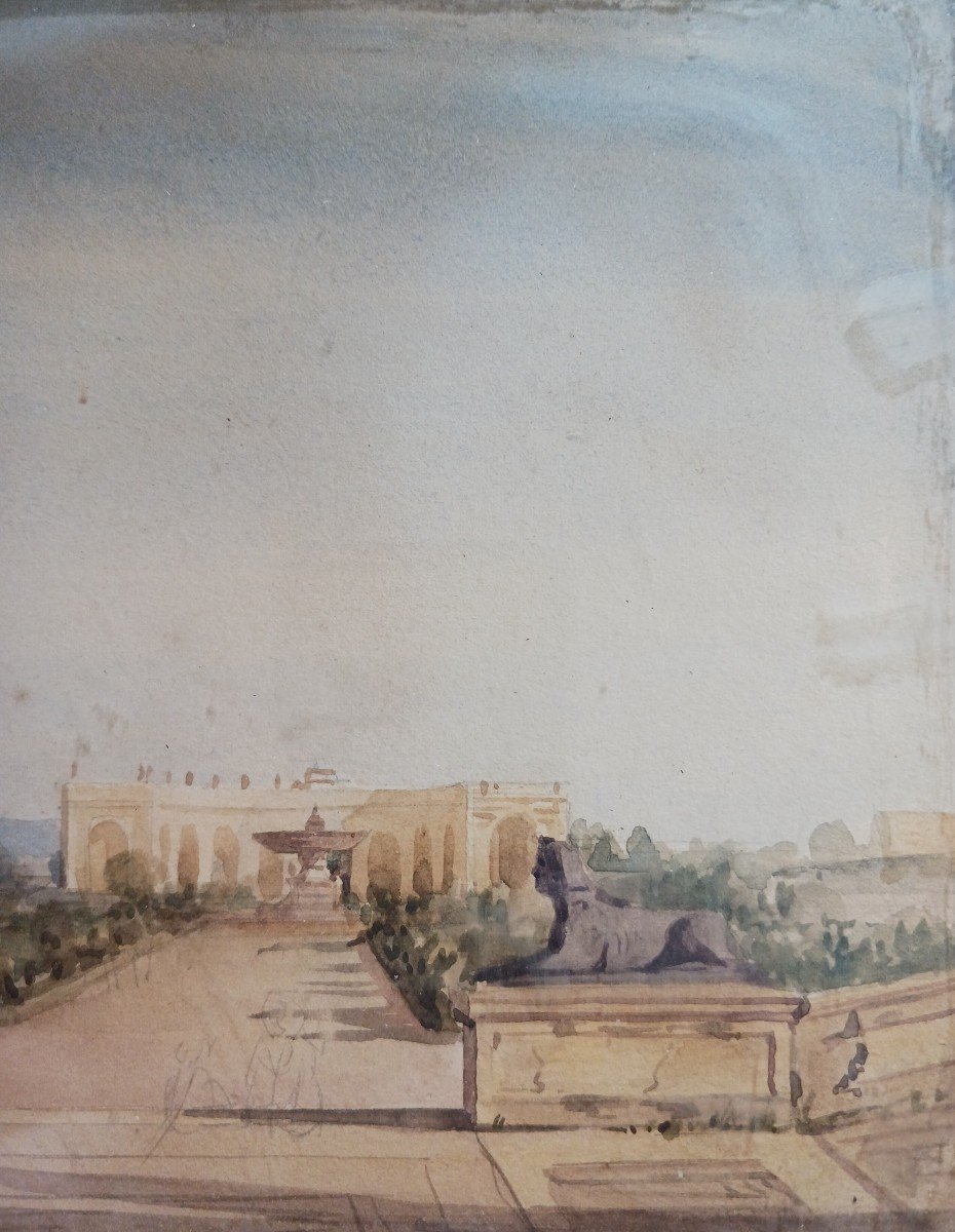 Souvenir du Grand Tour - vue des jardins de la villa Albani - gouache et aquarelle - daté, localisé-photo-2