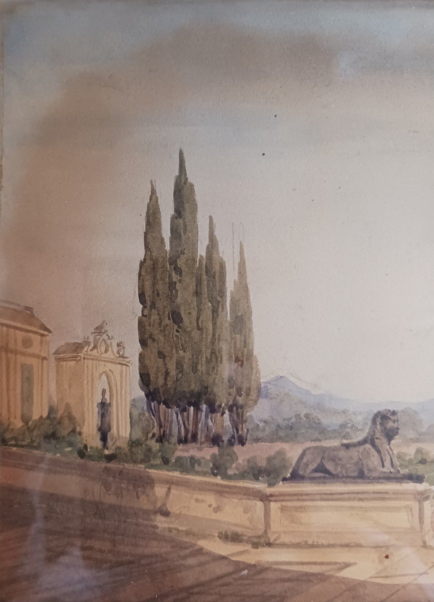 Souvenir du Grand Tour - vue des jardins de la villa Albani - gouache et aquarelle - daté, localisé-photo-3
