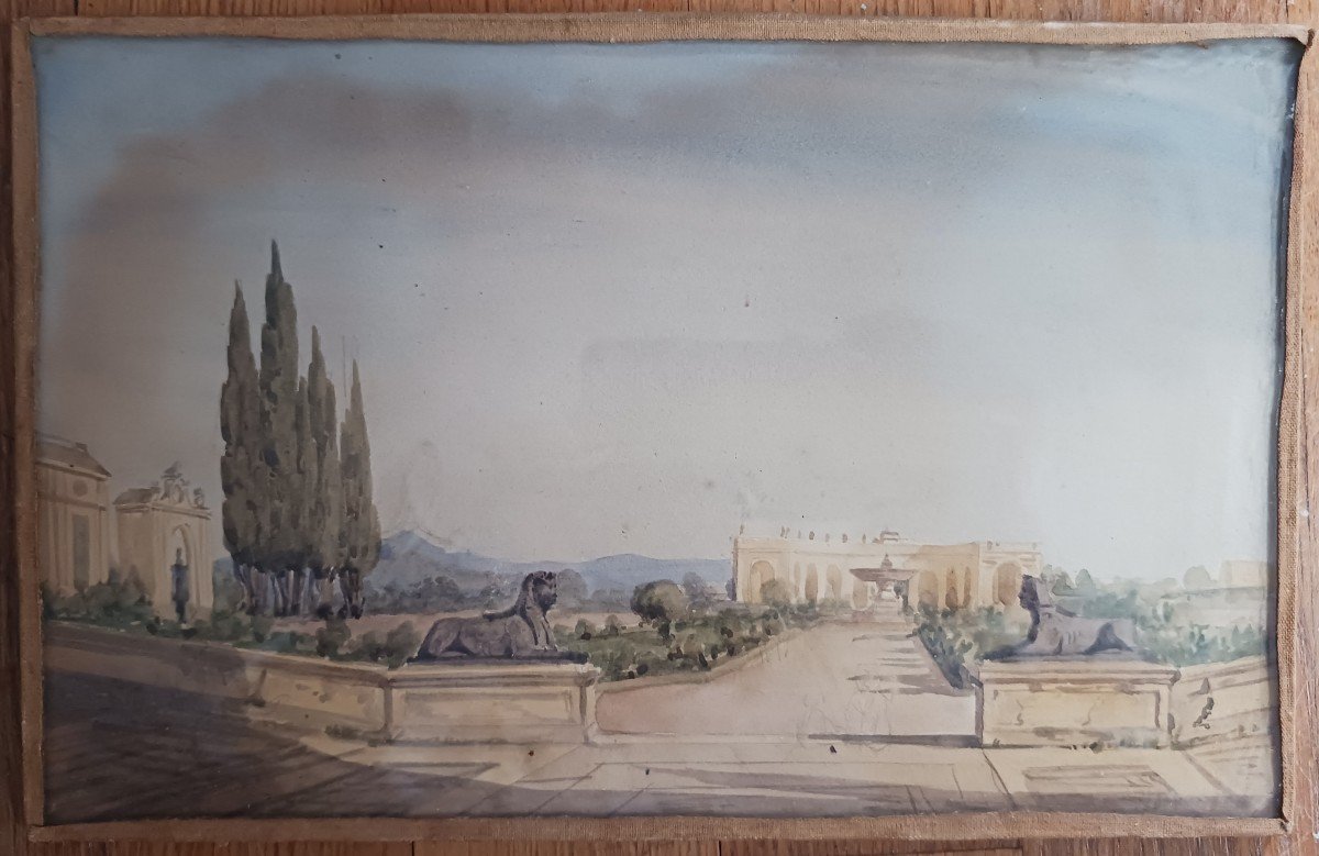 Souvenir du Grand Tour - vue des jardins de la villa Albani - gouache et aquarelle - daté, localisé