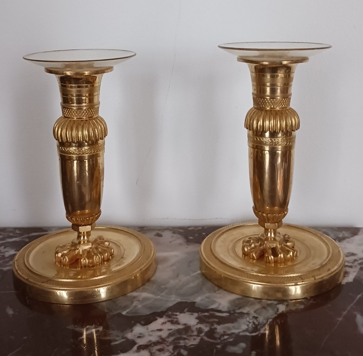 Paris, Empire Period, Restoration - Pair Of Candlesticks, Hand Torches, Ragot - Gilt Bronze With Ormolu Decoration-photo-3