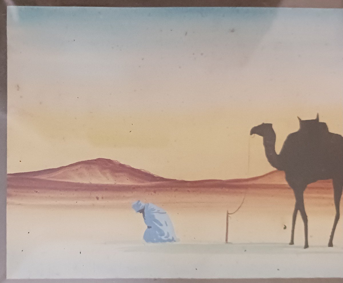 Raymond Blossier, milieu du XXe siècle - petite gouache orientaliste - bédouin en prière-photo-2