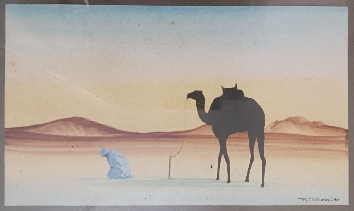 Raymond Blossier, milieu du XXe siècle - petite gouache orientaliste - bédouin en prière-photo-4