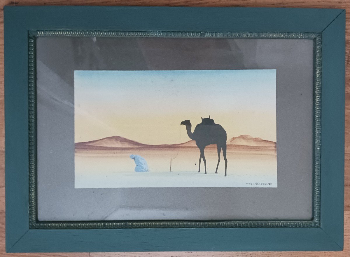 Raymond Blossier, milieu du XXe siècle - petite gouache orientaliste - bédouin en prière