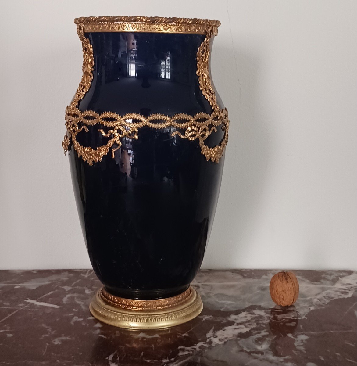 Choisy Le Roi - Large Mounted Earthenware Vase - Royal Blue Background And Gilded Brass - Art Deco, Circa 1930-photo-4