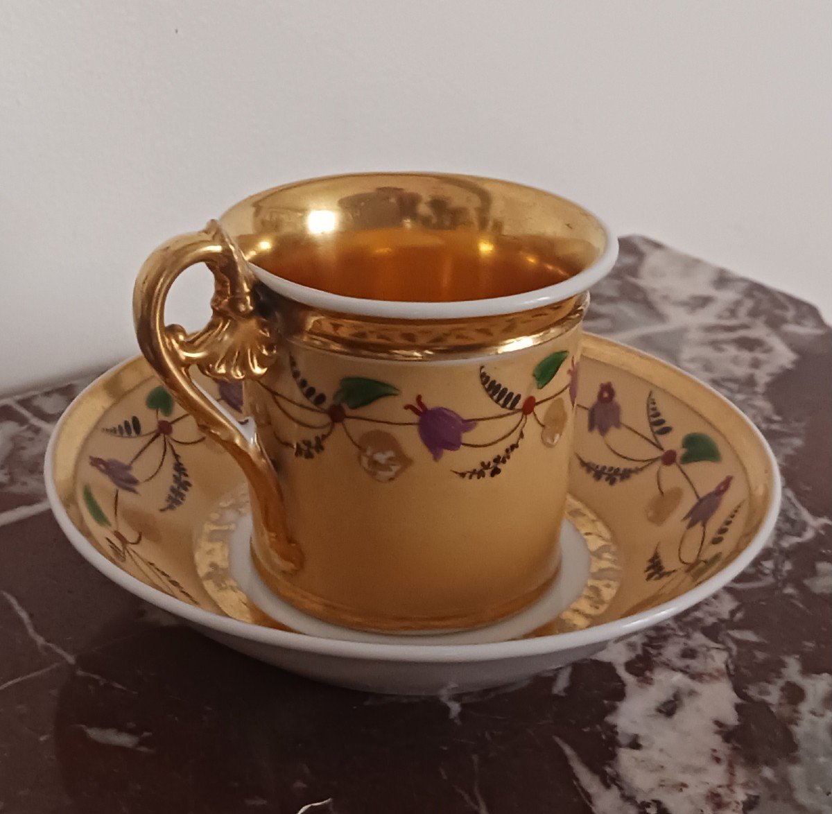 Paris, Restoration Period - Cornet Or Jasmine Cup And Saucer - Nankin And Gold Base - Porcelain-photo-3