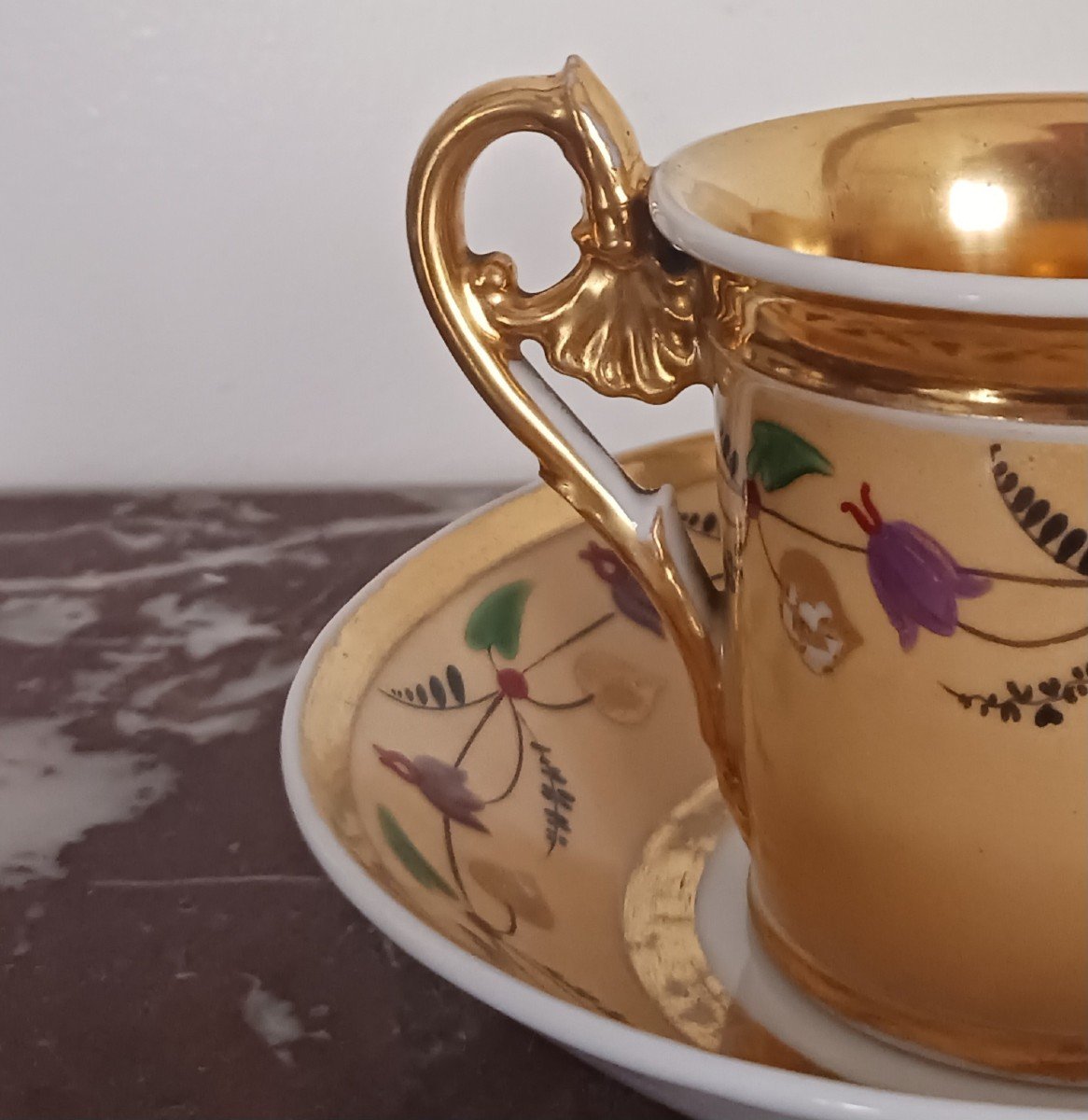 Paris, Restoration Period - Cornet Or Jasmine Cup And Saucer - Nankin And Gold Base - Porcelain-photo-5