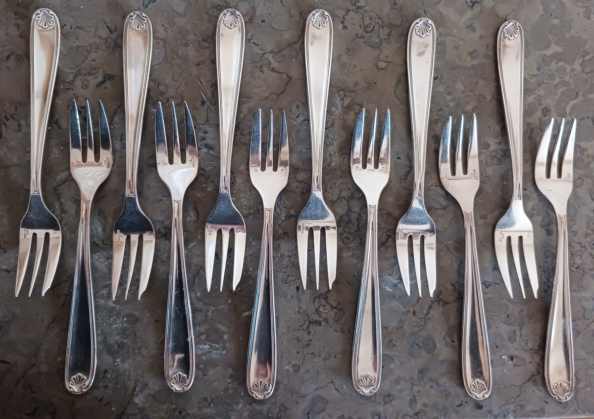 Christofle, Set Of Dessert Forks - Marot Model - Silver Plated Metal-photo-2