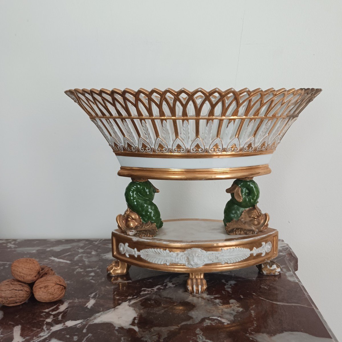 Darte Frères - importante coupe navette ou corbeille en porcelaine - époque Empire, Restauratio-photo-5