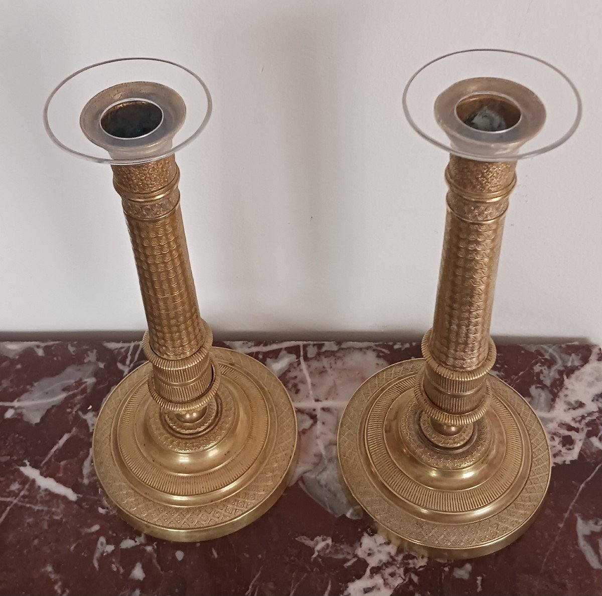 France, Restoration Period - Pair Of Candlesticks, Ormolu Bronze Torches-photo-2