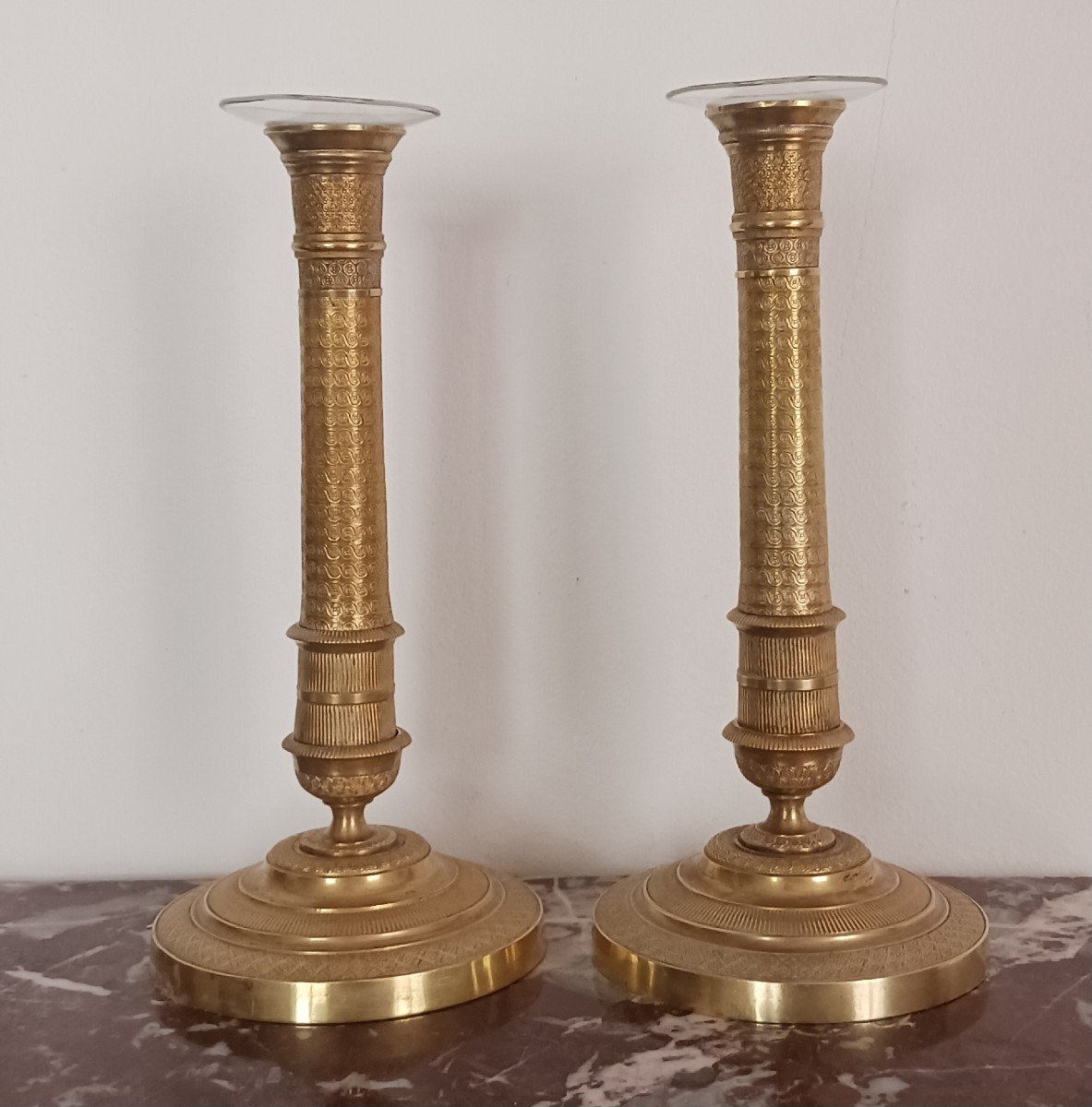 France, Restoration Period - Pair Of Candlesticks, Ormolu Bronze Torches-photo-3