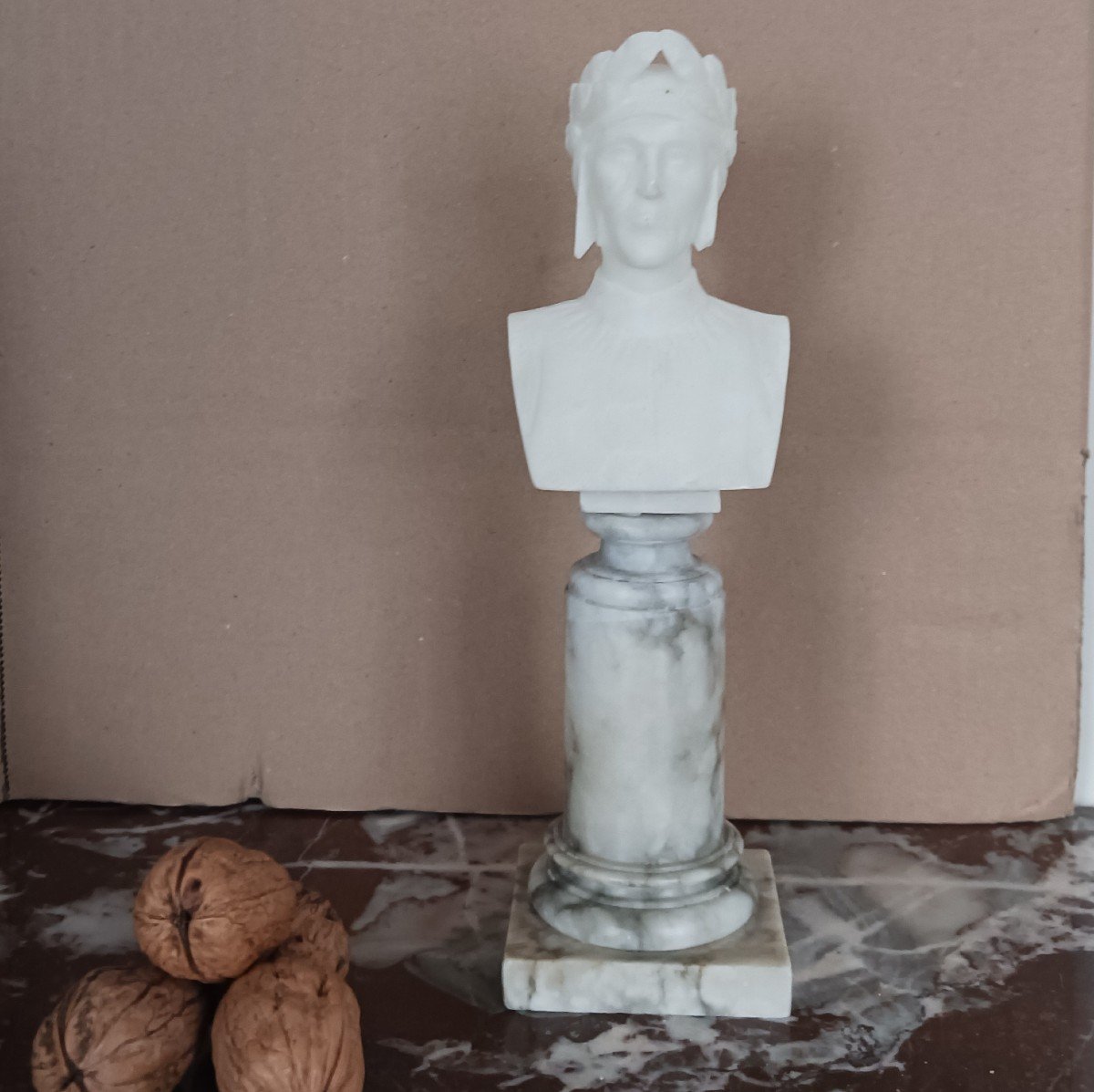 Souvenir De Grand Tour - Bust Of Dante In Alabaster On A Marble Base-photo-4