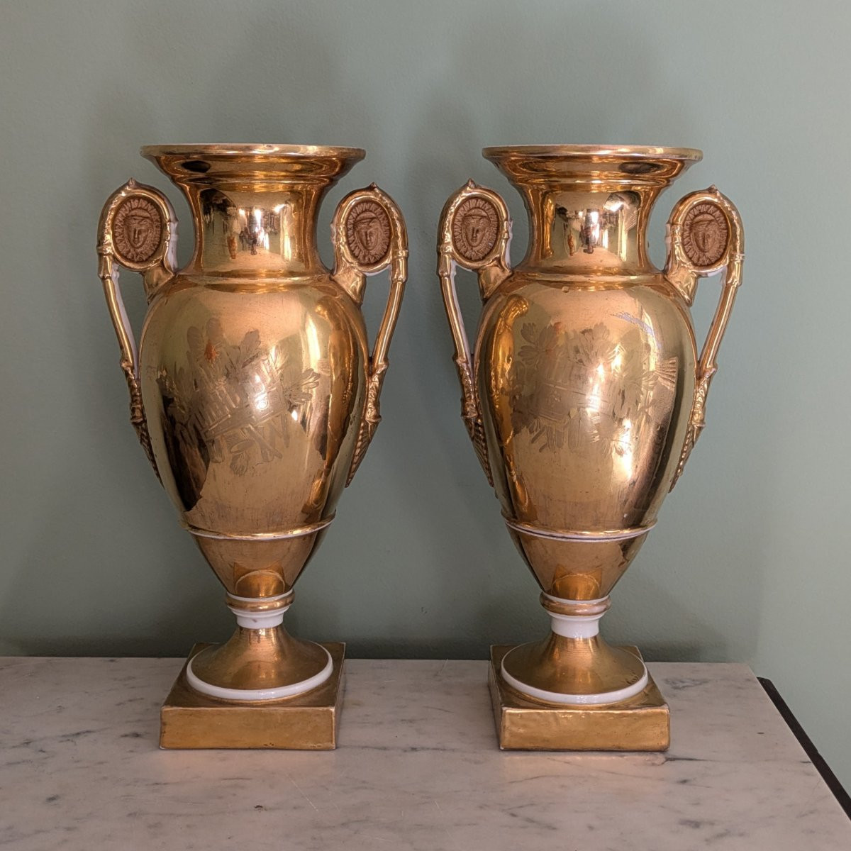 Paris - Pair Of Richly Gilded Romantic Vases - Restoration Period, Circa 1830-photo-2