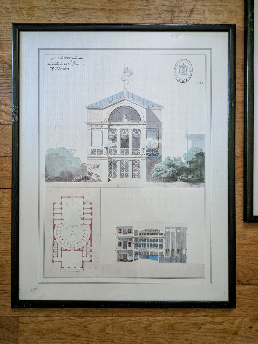 Pair Of Prints Of Architectural Drawings Restoration, Louis Philippe Flag-photo-2