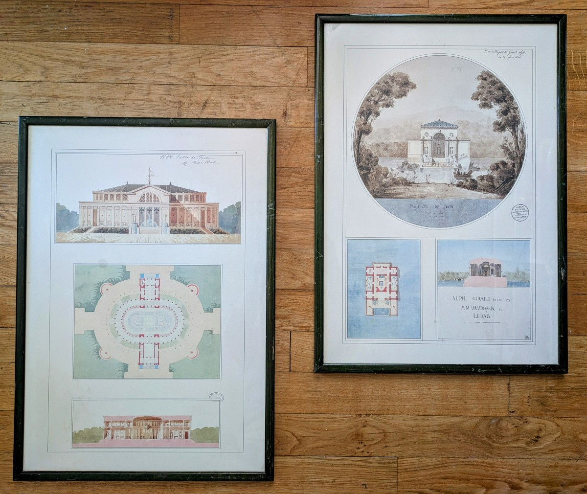 Paire d'impressions de dessins d'architecture Restauration, Louis Philippe