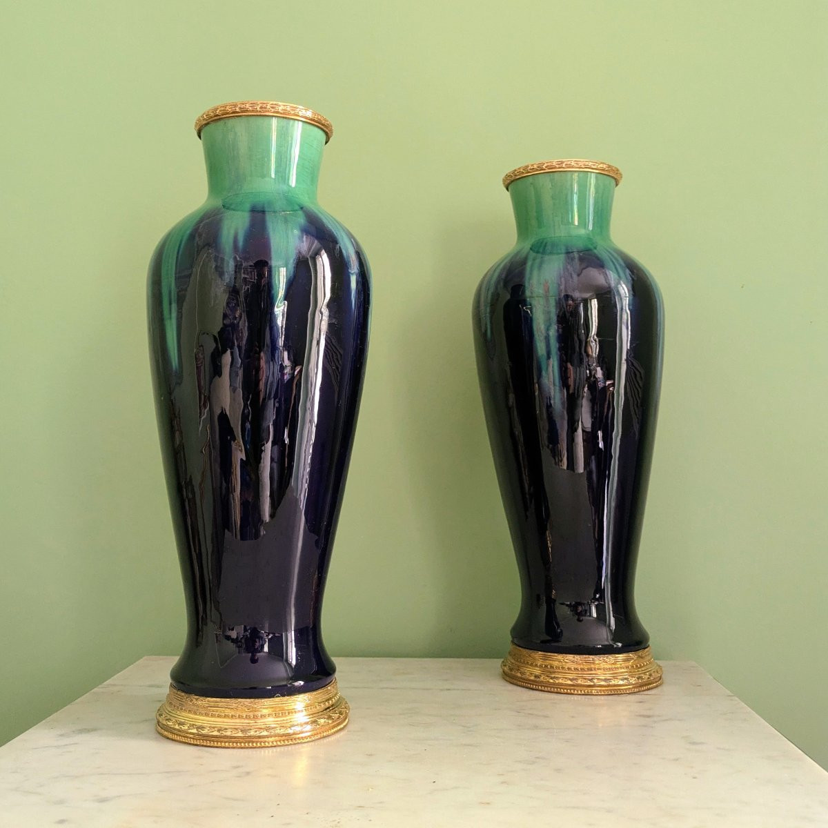 Paul Millet à Sèvres, Circa 1920 - Large Pair Of Mounted Vases - Glazed Earthenware-photo-2