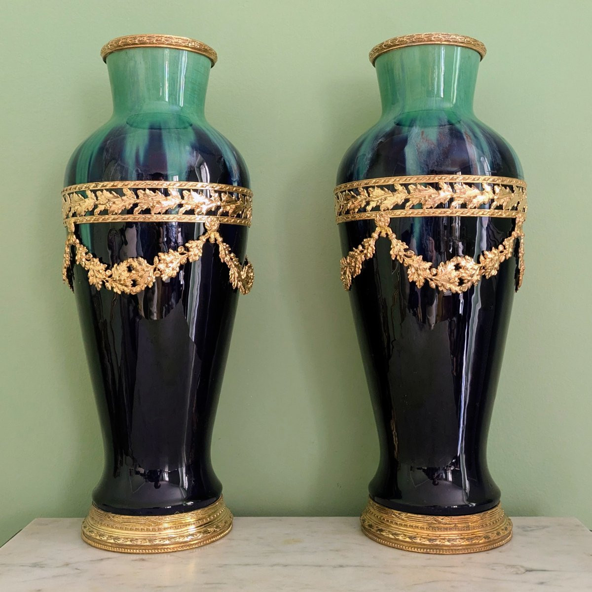 Paul Millet à Sèvres, Circa 1920 - Large Pair Of Mounted Vases - Glazed Earthenware-photo-3