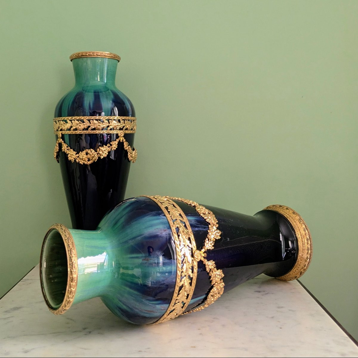 Paul Millet à Sèvres, Circa 1920 - Large Pair Of Mounted Vases - Glazed Earthenware-photo-4