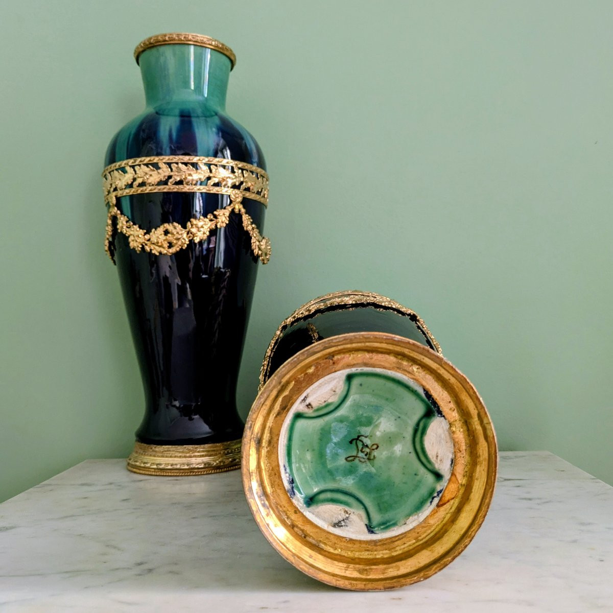 Paul Millet à Sèvres, Circa 1920 - Large Pair Of Mounted Vases - Glazed Earthenware-photo-1