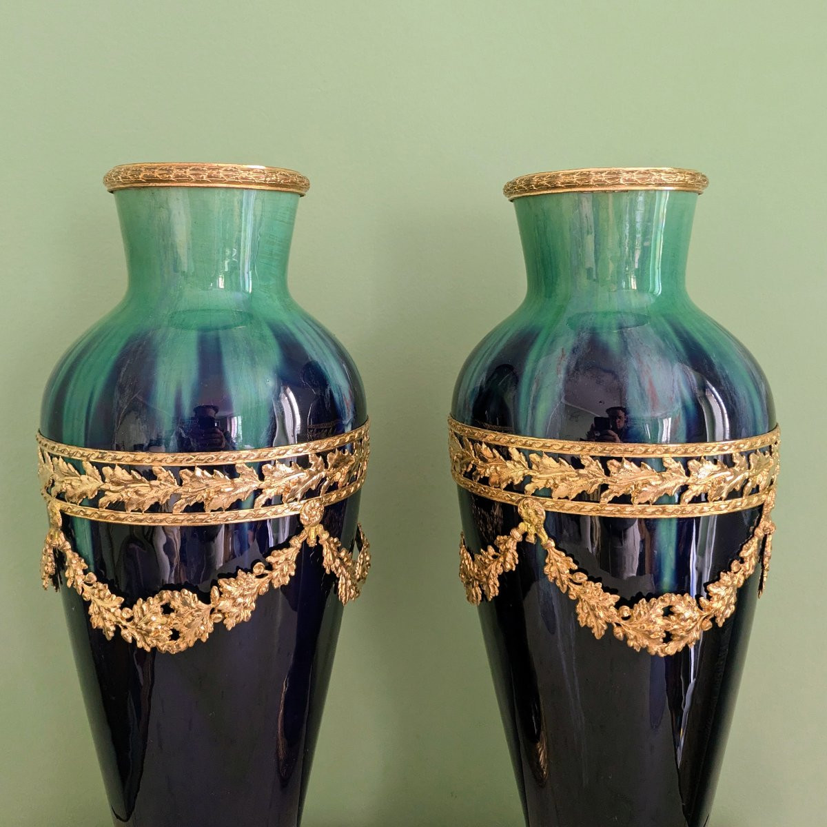 Paul Millet à Sèvres, Circa 1920 - Large Pair Of Mounted Vases - Glazed Earthenware-photo-2