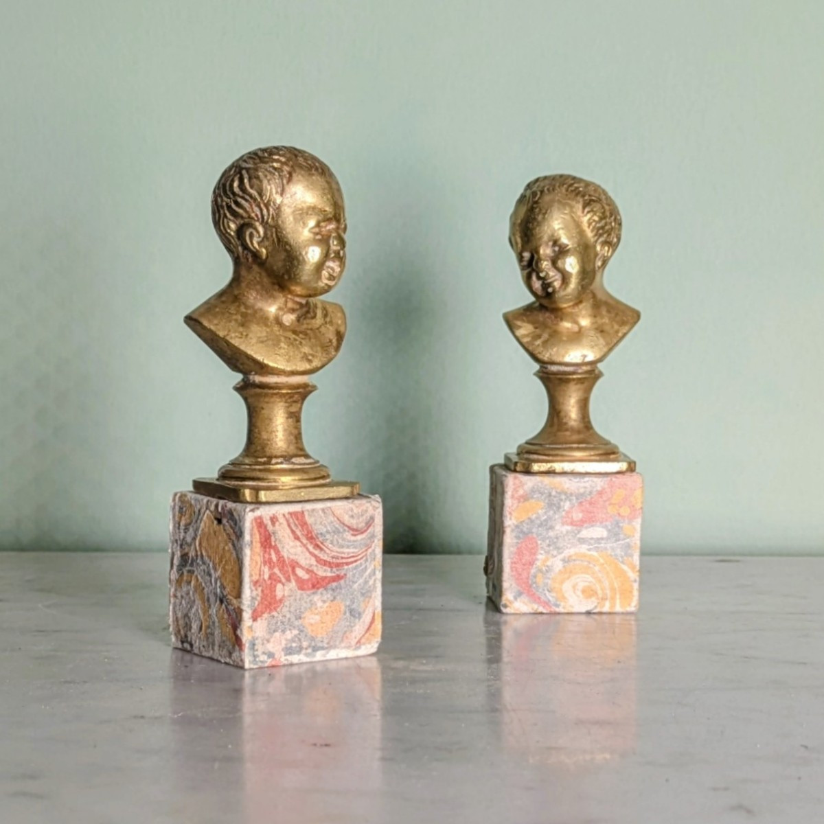 After Houdon - Laughing John And Crying John - Pair Of Small Bronze Busts