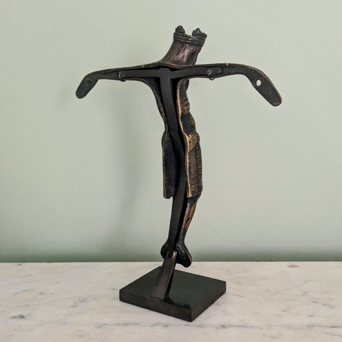 Patinated Bronze Christ In The Romanesque Style Of The 12th Century.-photo-4