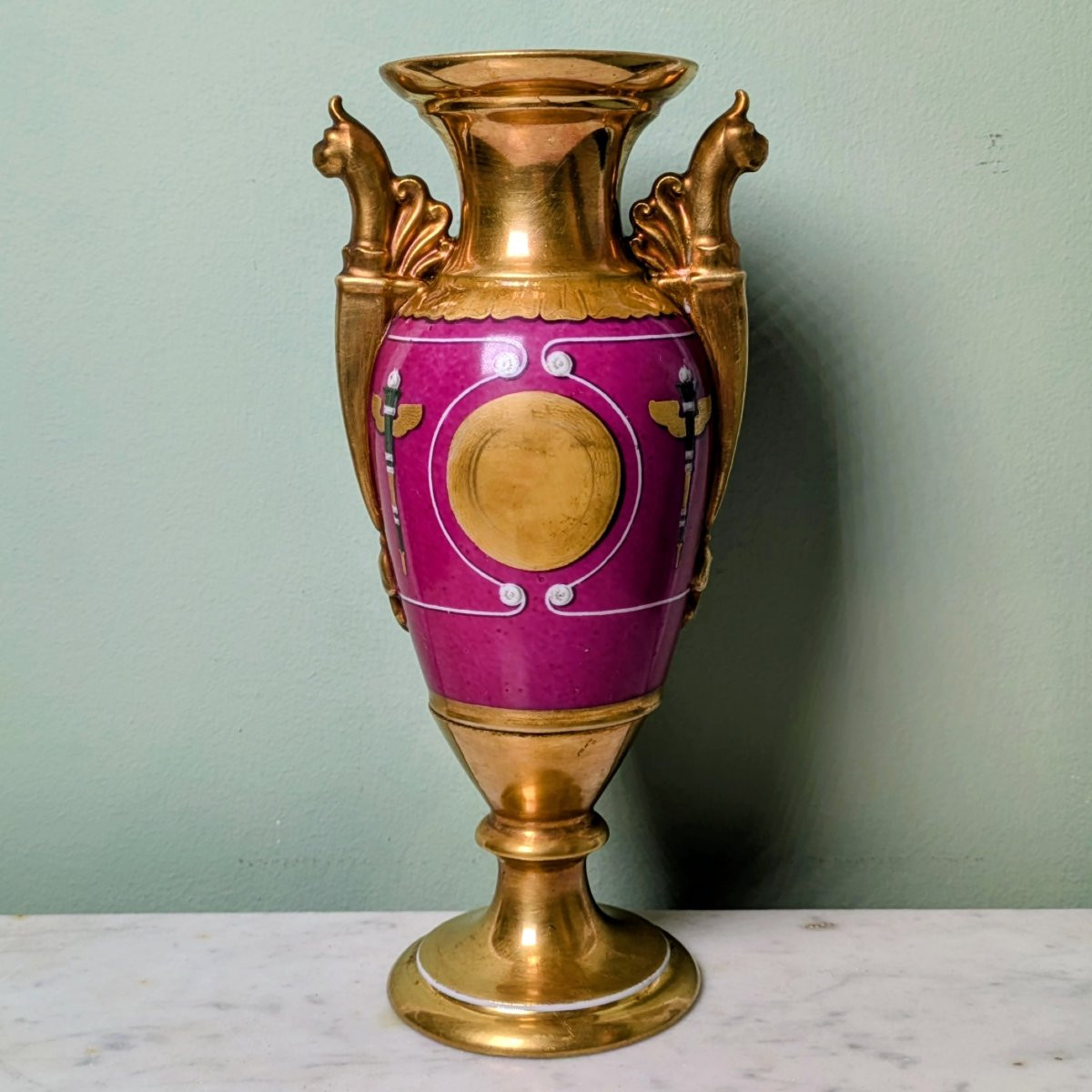 Paris, Empire Period, Restoration - Spindle-shaped Porcelain Vase - Violet Background And War Trophies-photo-4