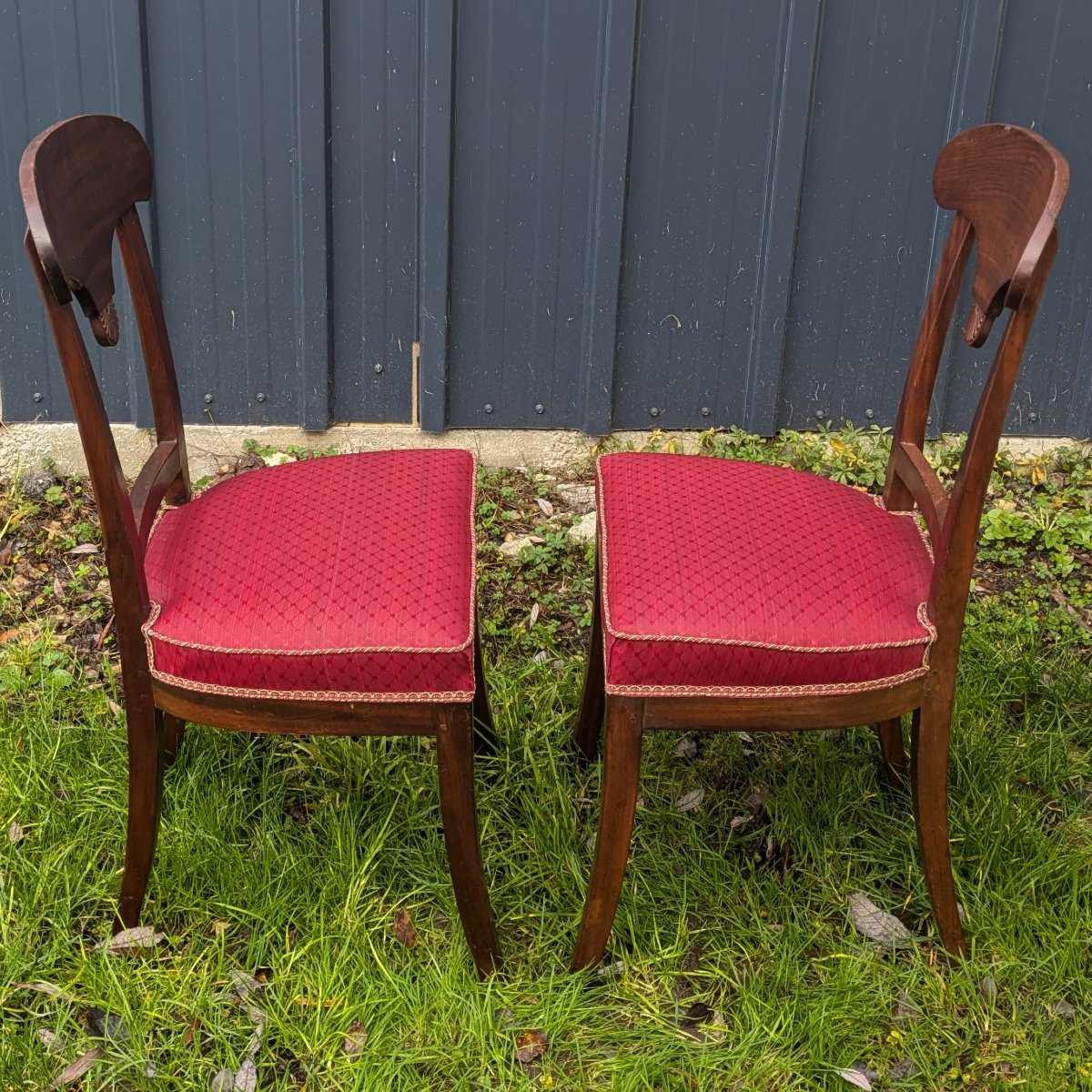 Paris, Empire Period - Pair Of Pelta-style Chairs - Mahogany And Horsehair Fabric-photo-2