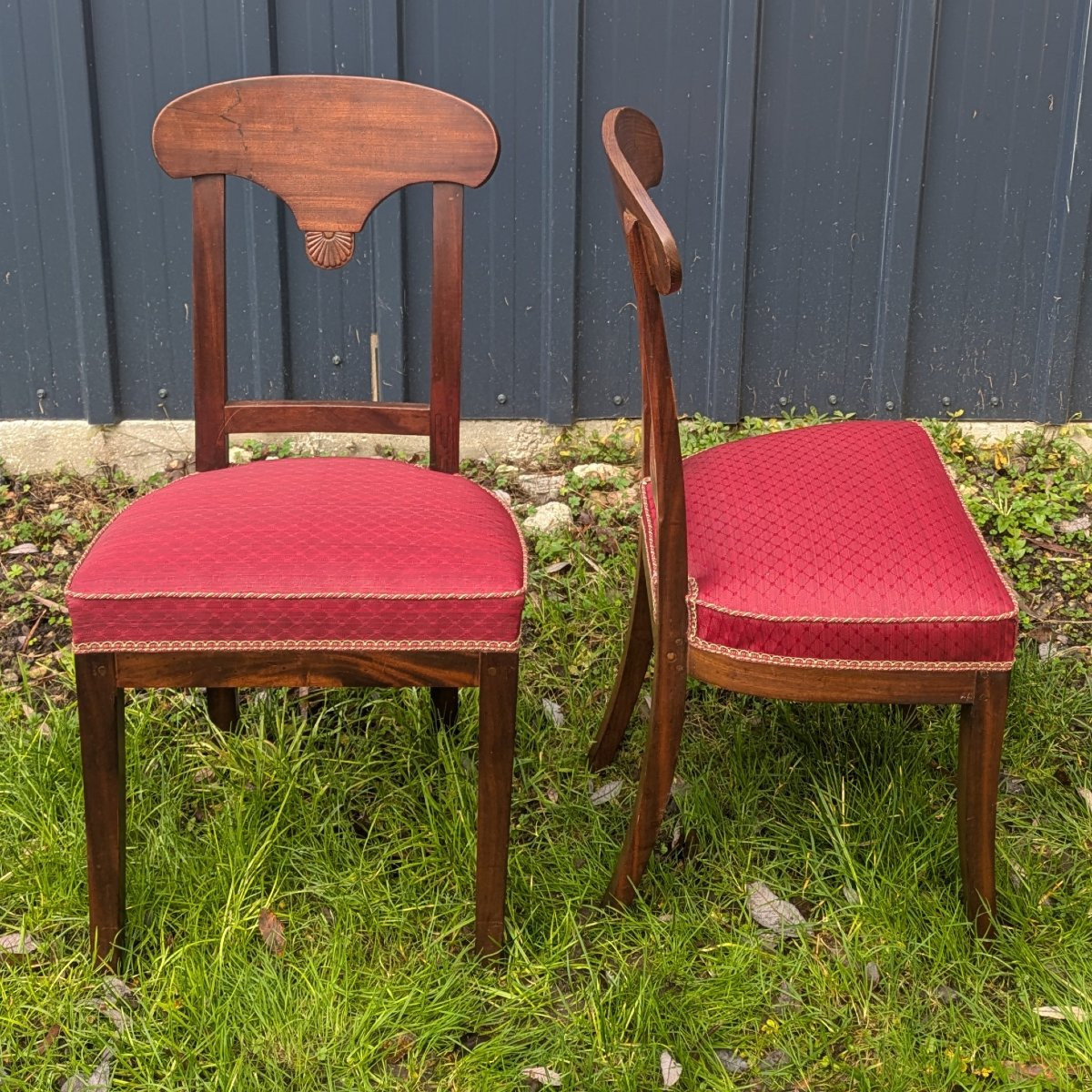 Paris, Empire Period - Pair Of Pelta-style Chairs - Mahogany And Horsehair Fabric-photo-3