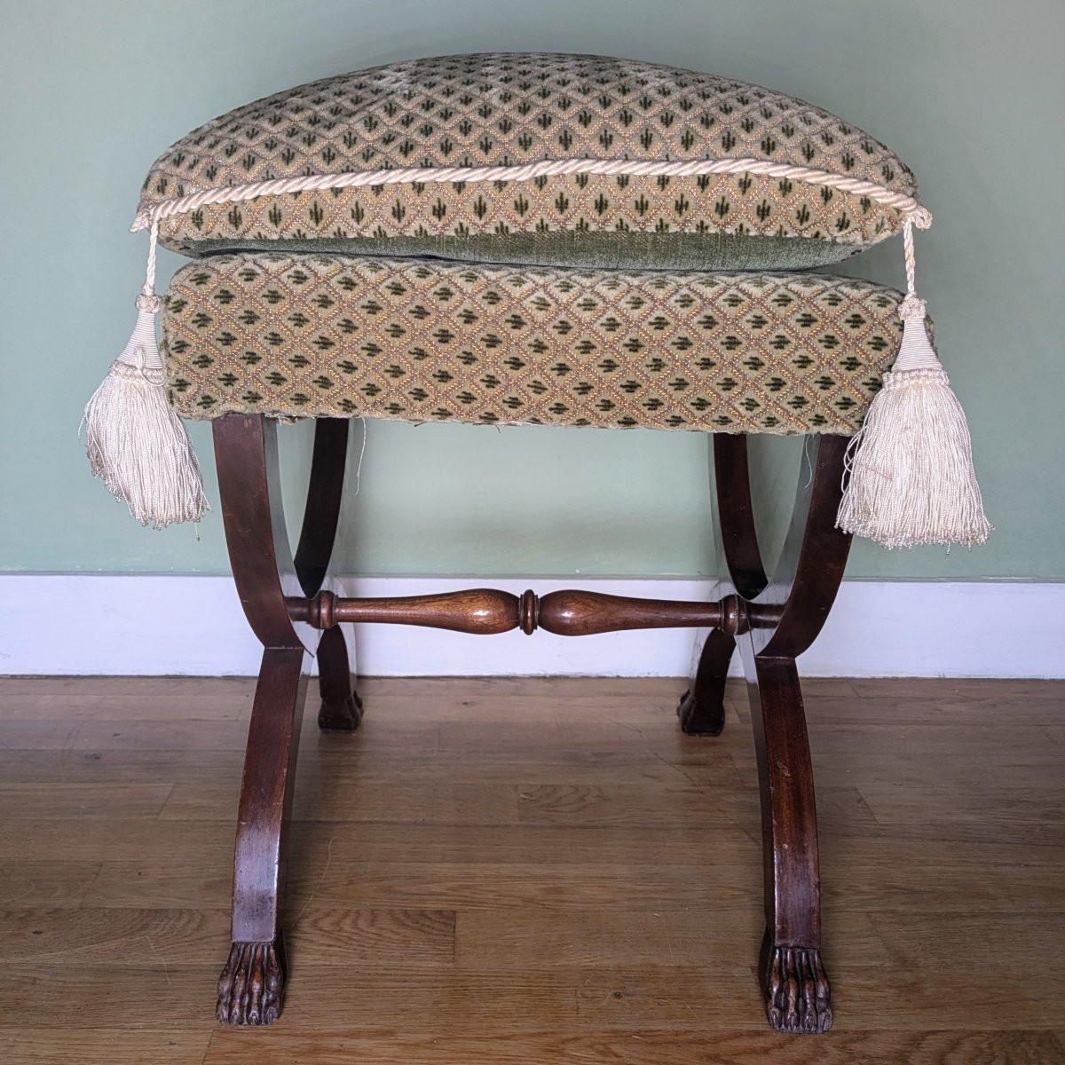 Curule Stool In Mahogany And Velvet - Empire, Restoration-photo-3