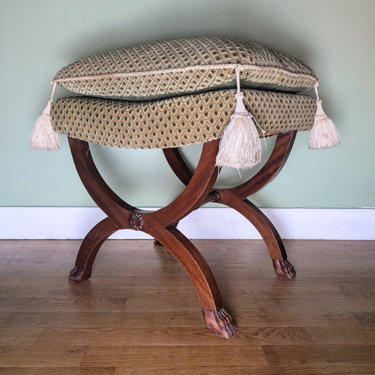 Curule Stool In Mahogany And Velvet - Empire, Restoration-photo-2