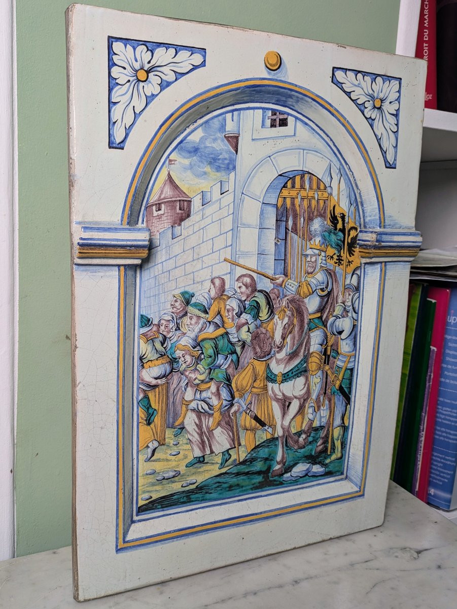Winterthur, Suisse - grand plaque ou carreau avec Charles Quint - faïence XIXe-photo-2