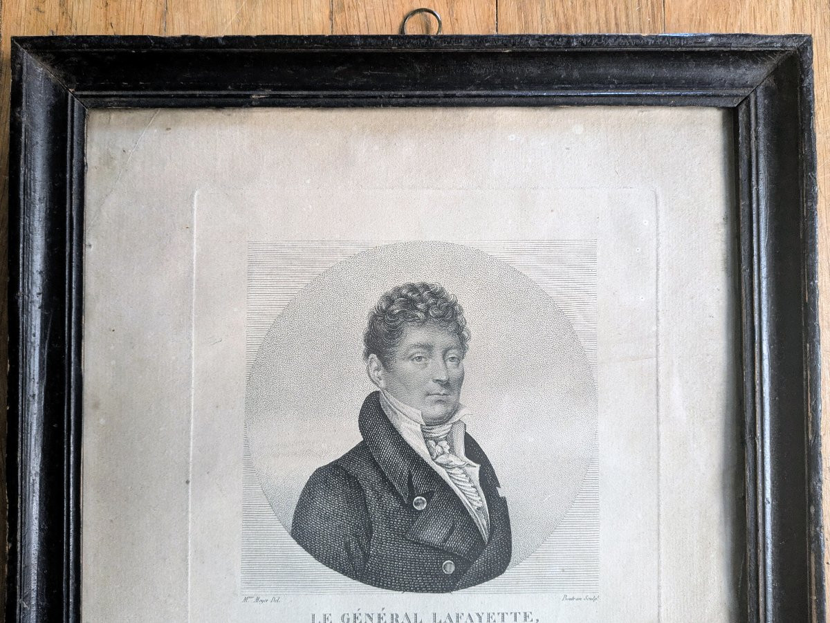 Rare gravure de Lafayette dans son encadrement en bois noirci - époque Révolutionnaire-photo-2