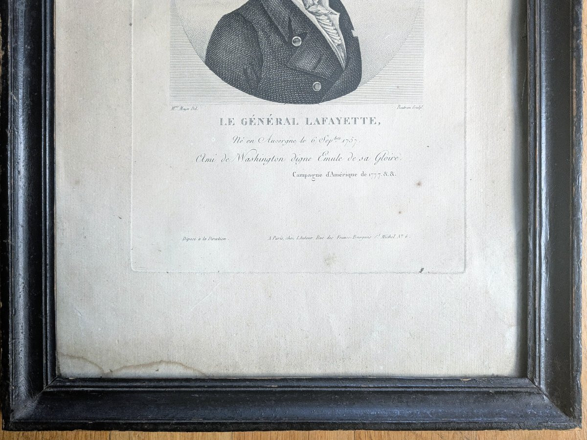 Rare gravure de Lafayette dans son encadrement en bois noirci - époque Révolutionnaire-photo-3
