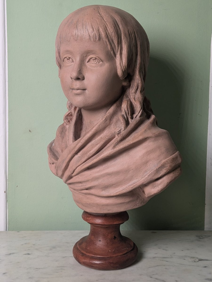 Houdon, d'après - buste de Louis XVII en terre cuite patinée - fin XIXe-photo-4