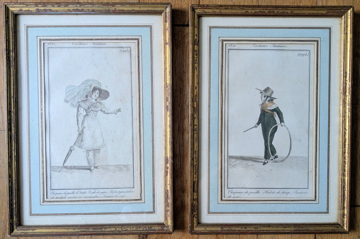 Paris, vers 1820 - paire de gravures de mode encadrées - Journal des Dames