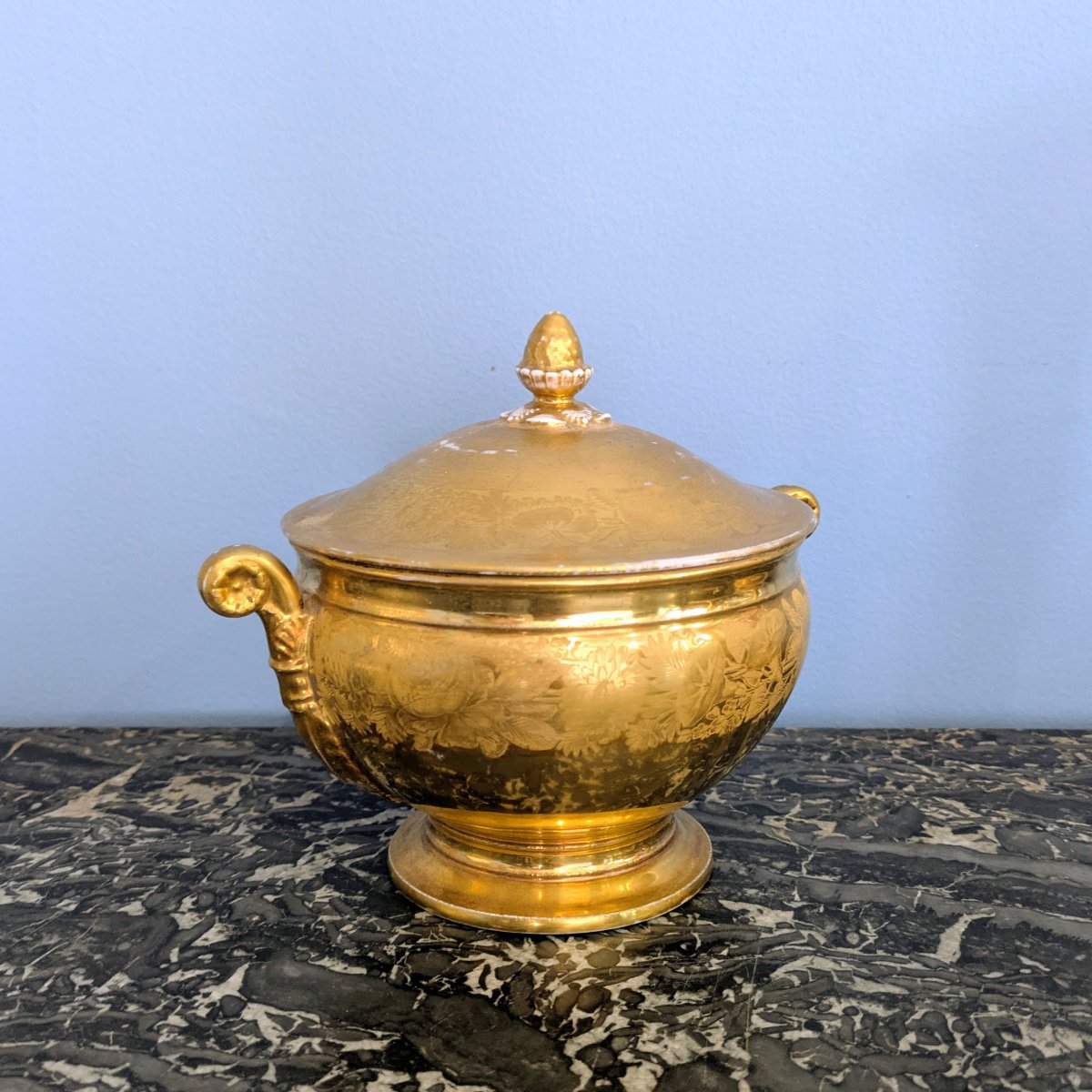 Paris, vers 1830 - bouillon, drageoir couvert - porcelaine dorée - Charles X-photo-3