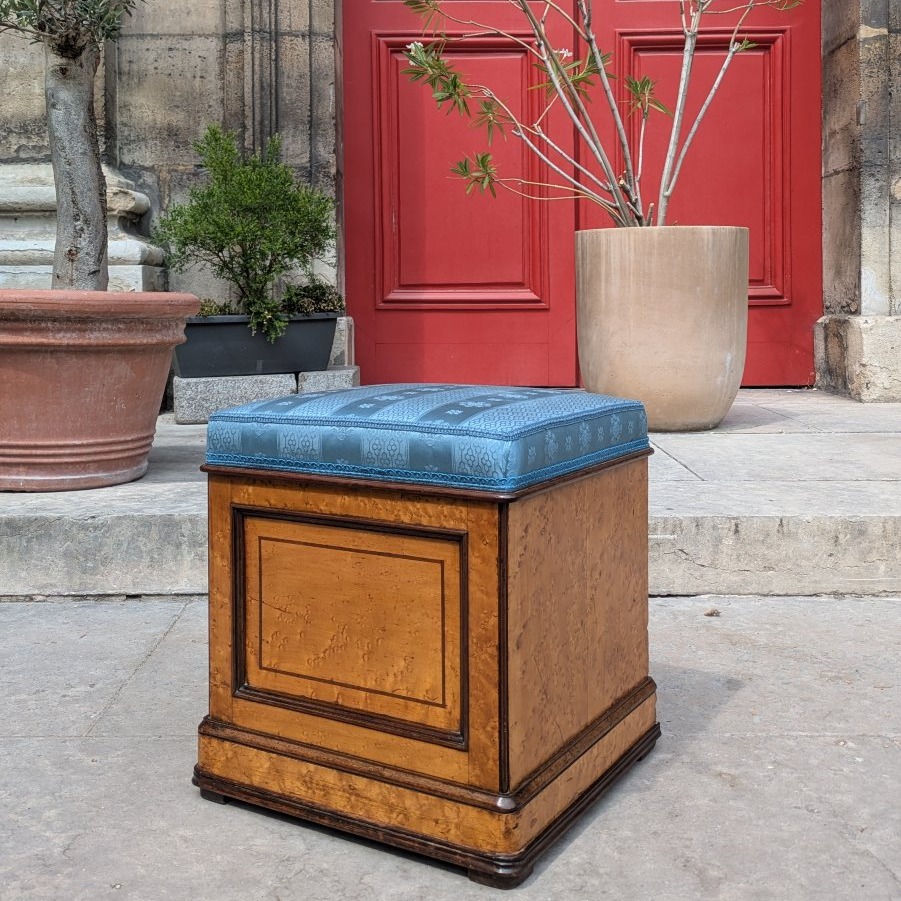 Paris, vers 1830 - rare pouf, tabouret d'aisance en orme, acajou et amarante - Charles X-photo-4