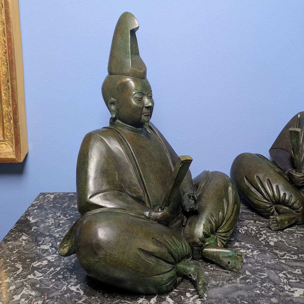 Japon, période Meïji - paire de grands bonzes priants - bronze à patine verte-photo-2
