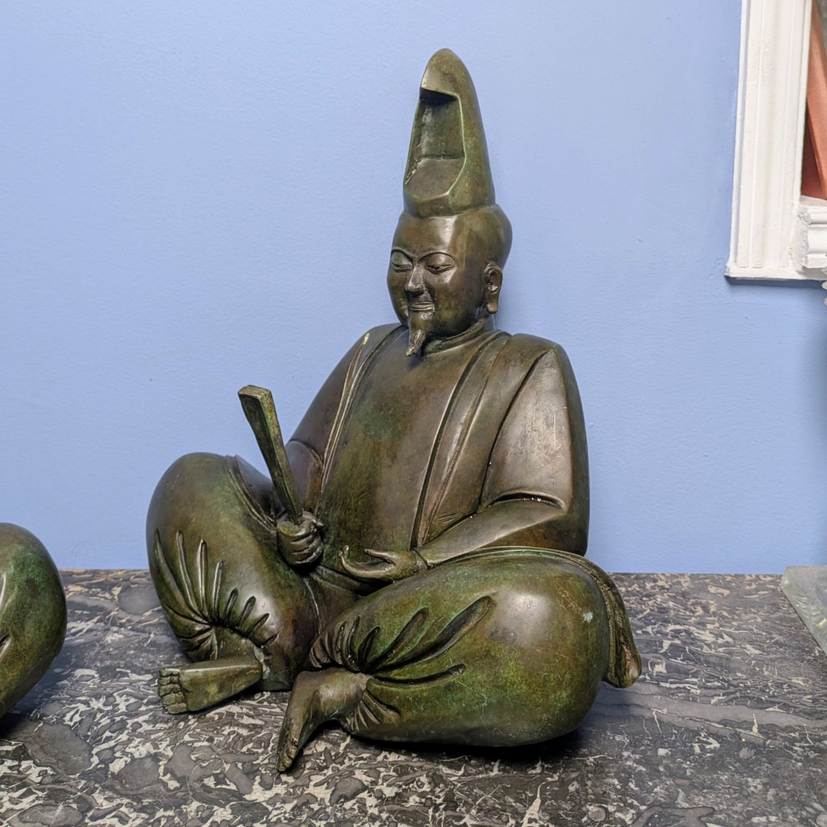 Japon, période Meïji - paire de grands bonzes priants - bronze à patine verte-photo-3