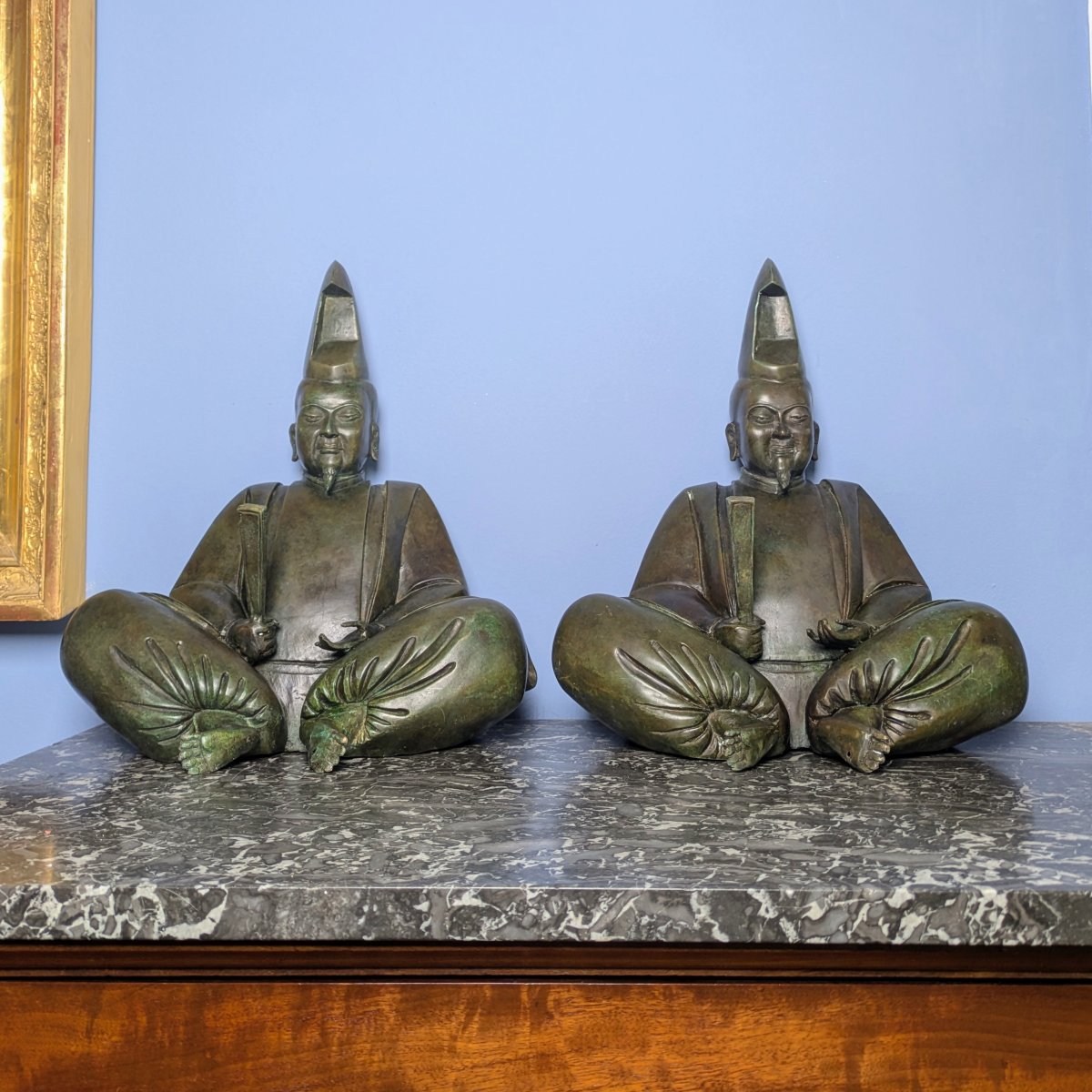 Japon, période Meïji - paire de grands bonzes priants - bronze à patine verte-photo-4