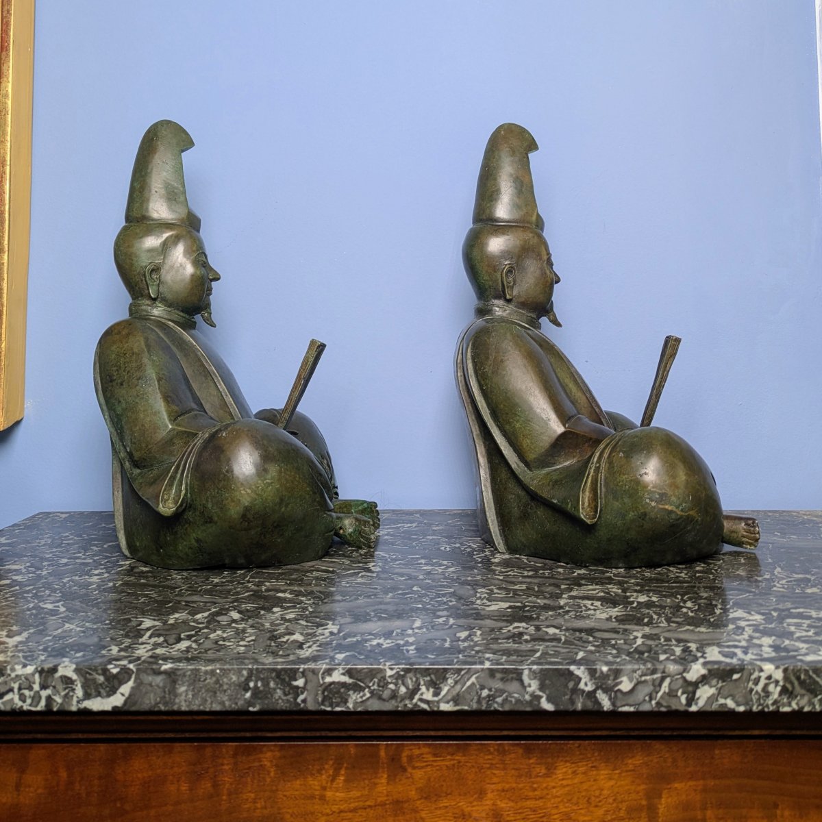 Japon, période Meïji - paire de grands bonzes priants - bronze à patine verte-photo-3
