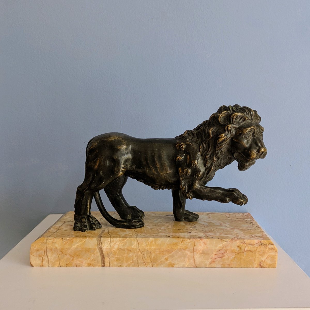 Grand Tour Work, Circa 1900—patinated Bronze Lion On A Marble Pedestal
