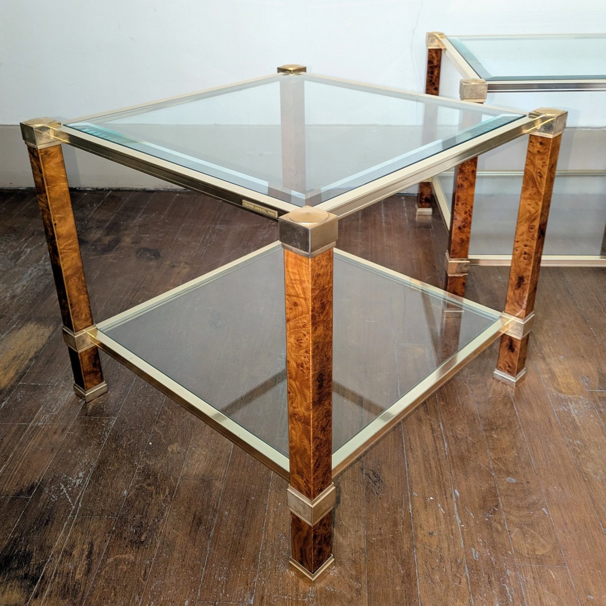 Pierre Vandel - paire de tables basses, bouts de canapés - laiton, loupe et verre biseauté-photo-2
