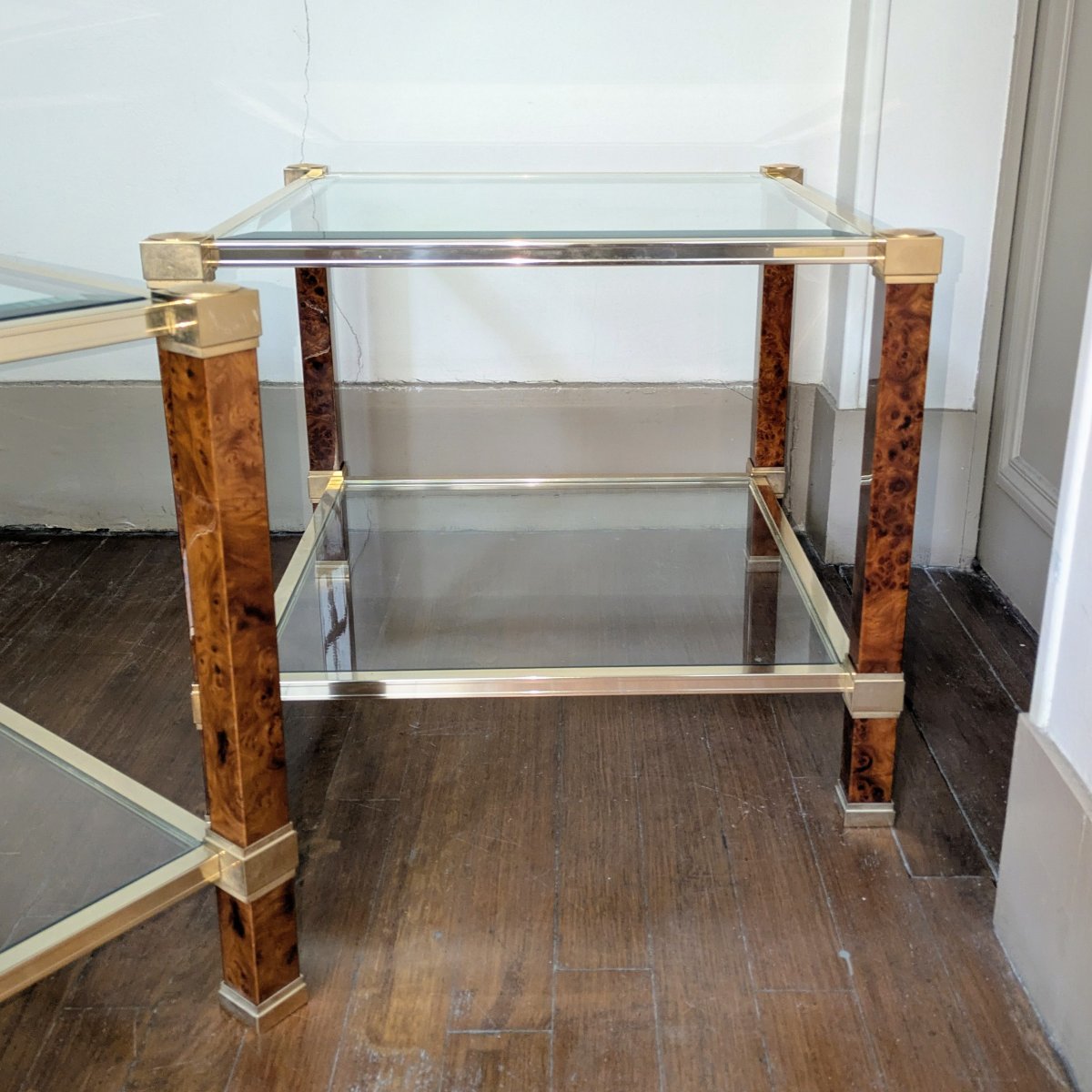 Pierre Vandel - paire de tables basses, bouts de canapés - laiton, loupe et verre biseauté-photo-3