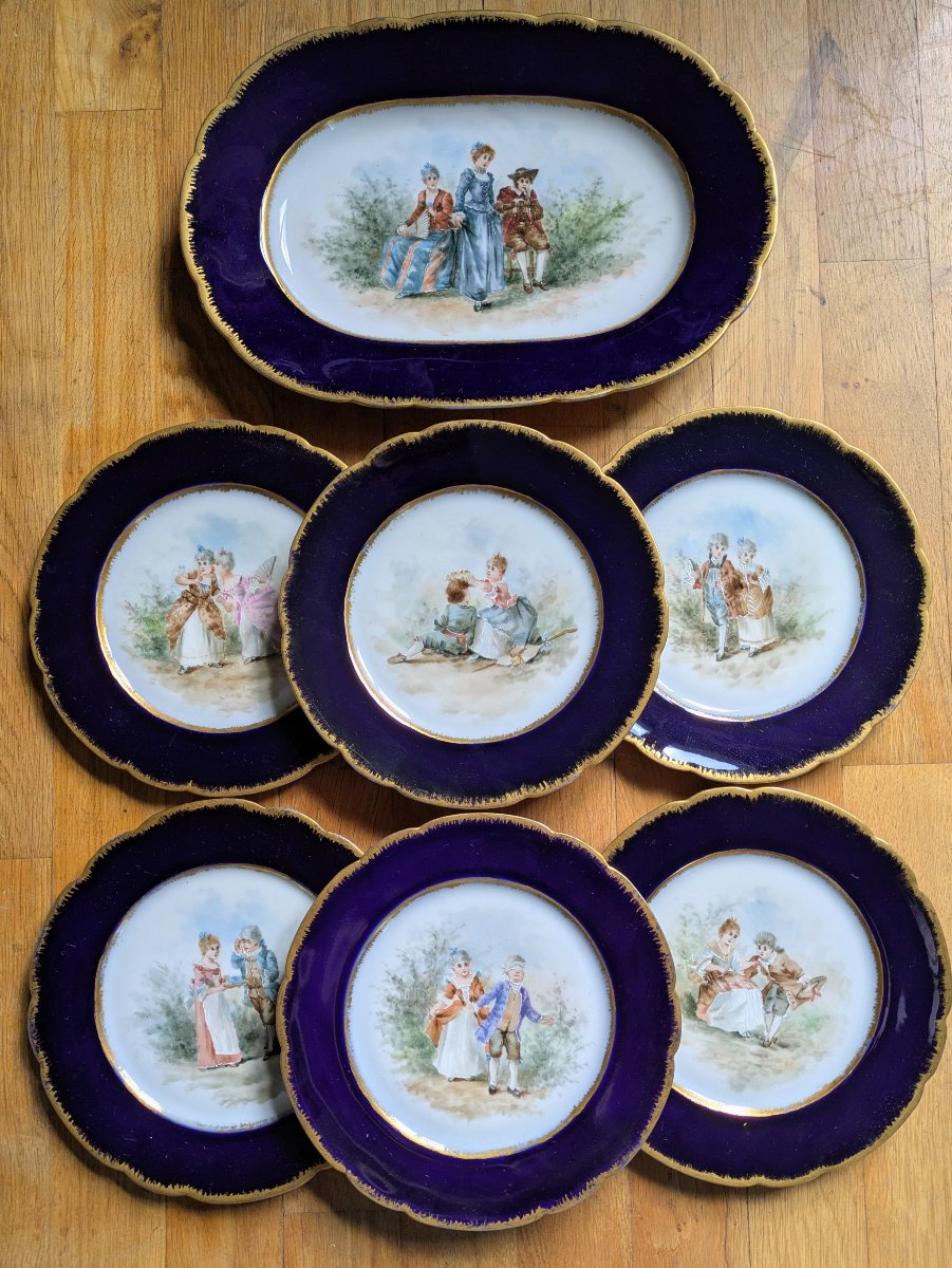 Jean Pouyat, Limoges - suite de 6 assiettes et un plat en porcelaine
